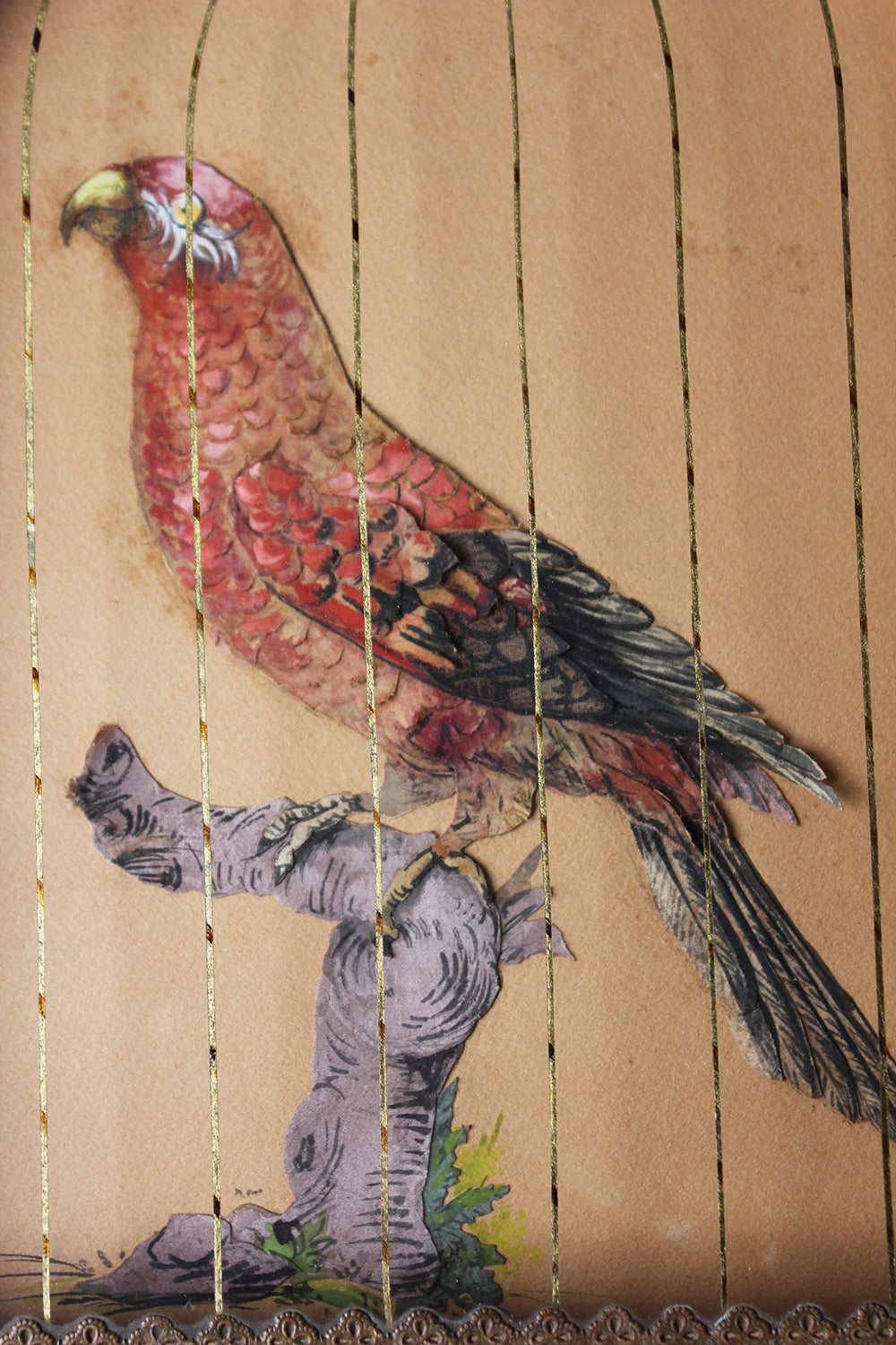 A Charming & Unusual Pair of Early 19thC Continental Appliqué Paper Pictures In The Form of Caged African Parrots c.1800-25