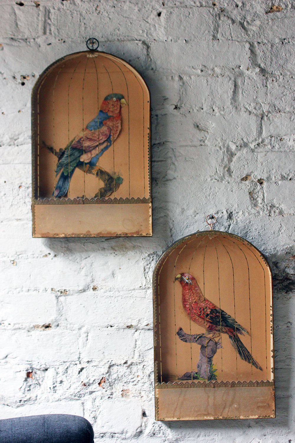 A Charming & Unusual Pair of Early 19thC Continental Appliqué Paper Pictures In The Form of Caged African Parrots c.1800-25