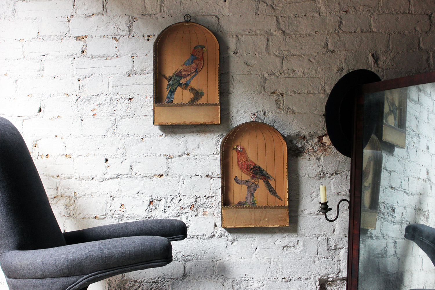 A Charming & Unusual Pair of Early 19thC Continental Appliqué Paper Pictures In The Form of Caged African Parrots c.1800-25