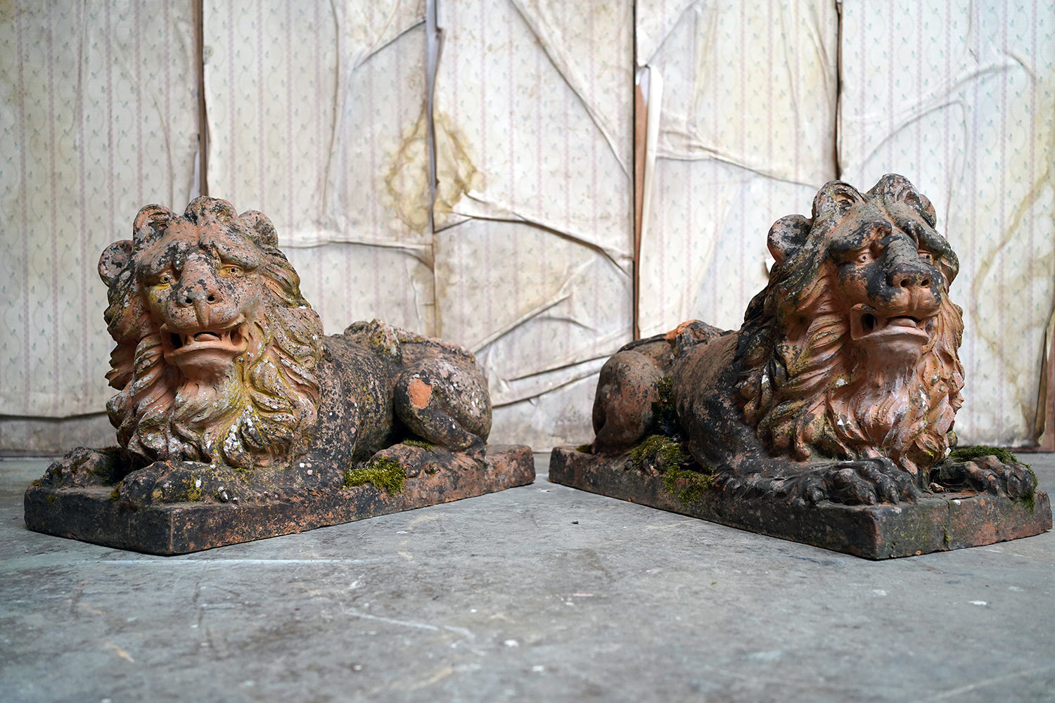 A Good Pair of Large Mid-19thC Terracotta Recumbent Lions c.1860