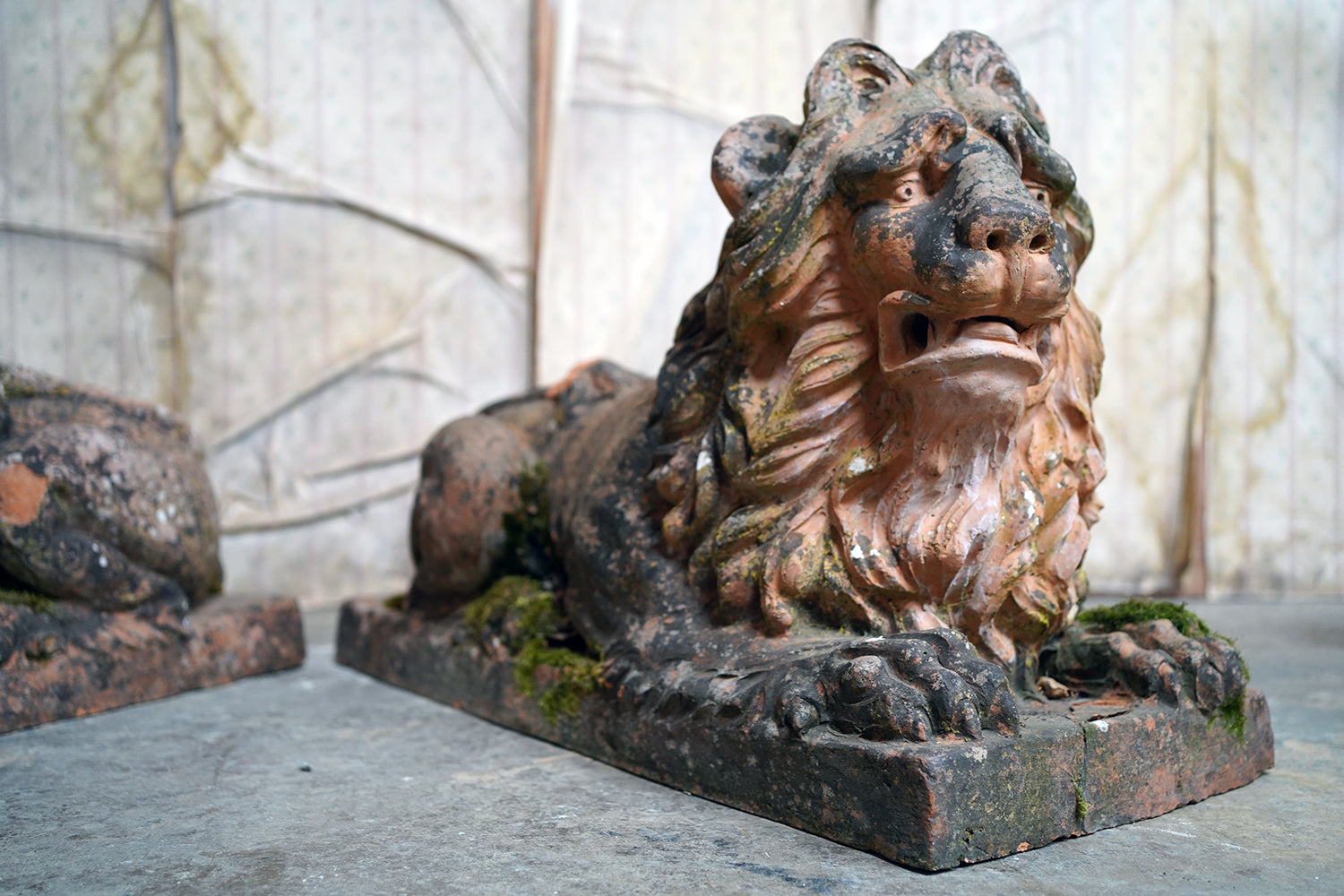 A Good Pair of Large Mid-19thC Terracotta Recumbent Lions c.1860
