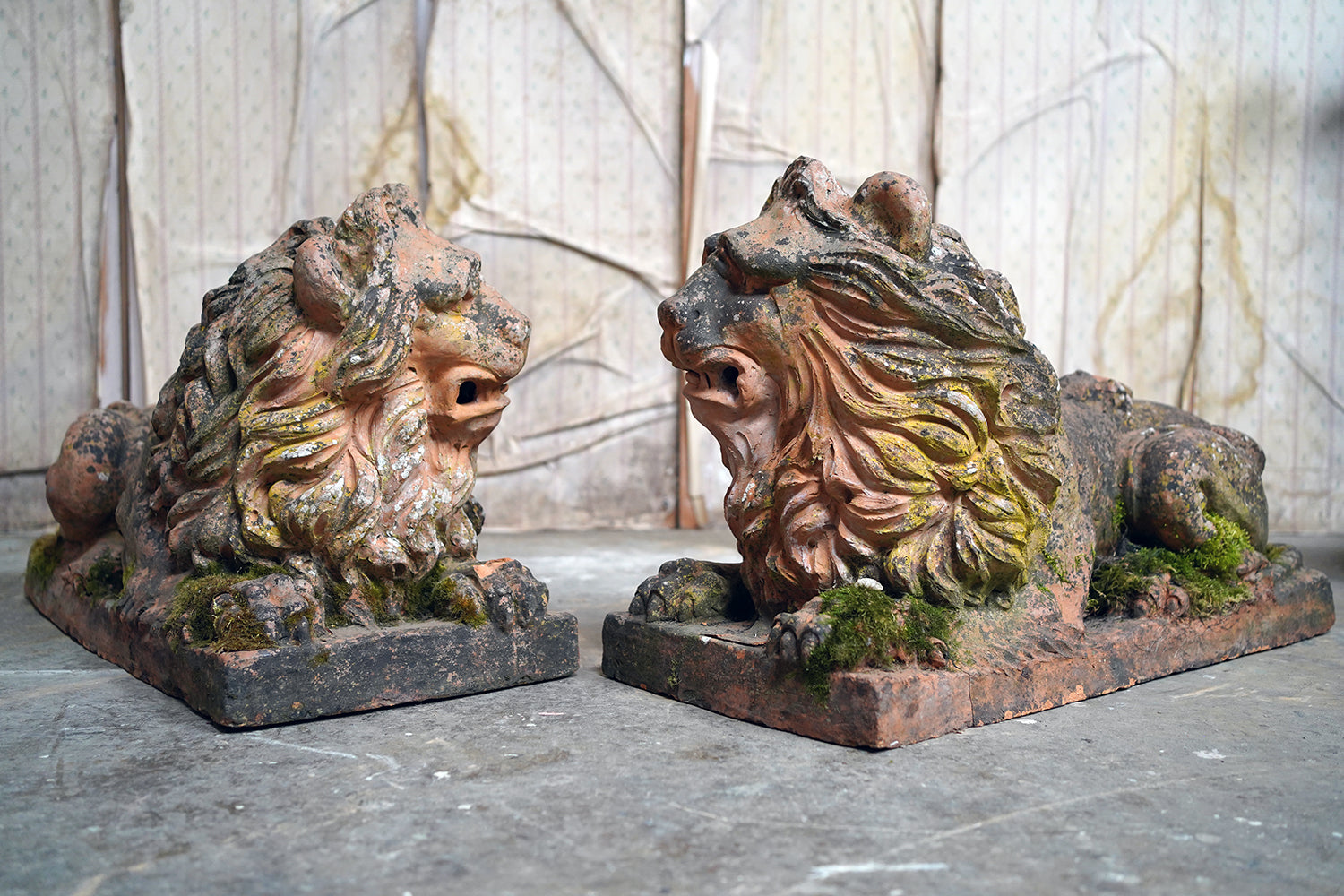 A Good Pair of Large Mid-19thC Terracotta Recumbent Lions c.1860