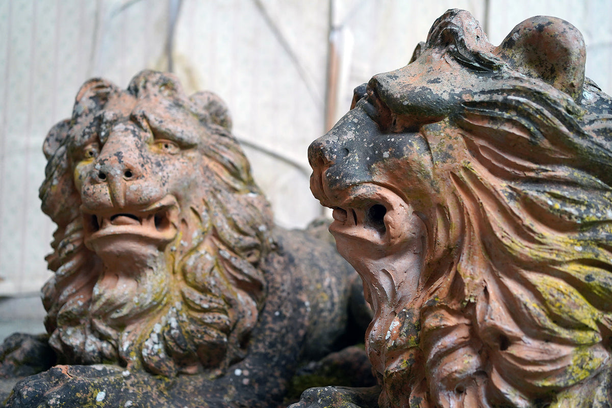 A Good Pair of Large Mid-19thC Terracotta Recumbent Lions c.1860