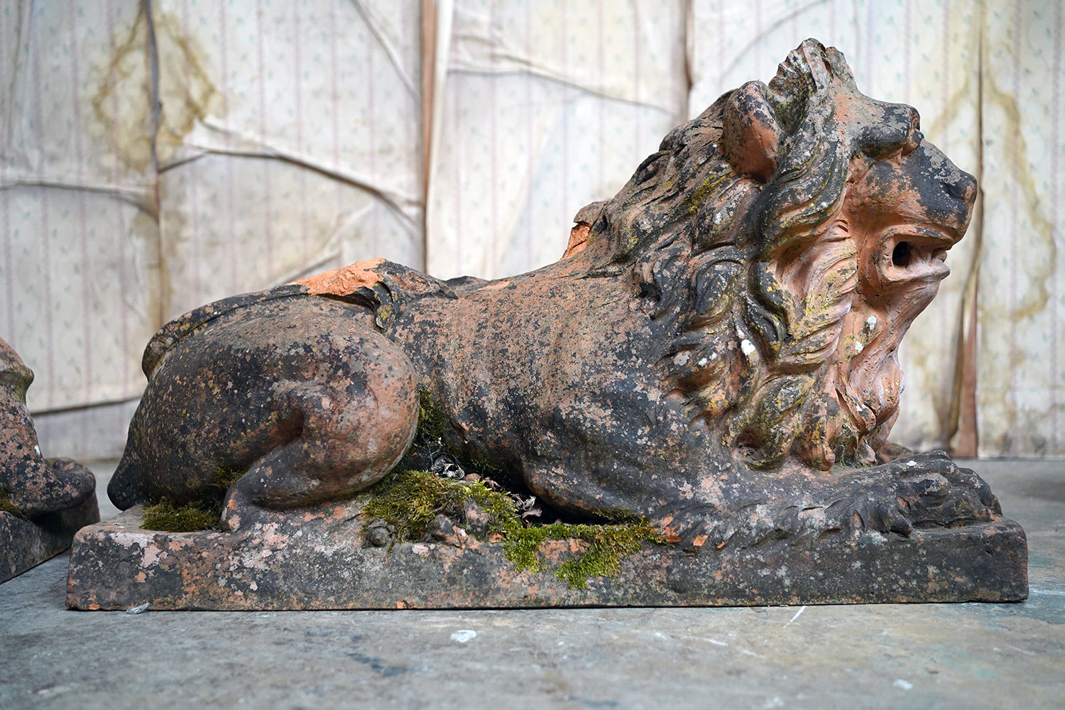 A Good Pair of Large Mid-19thC Terracotta Recumbent Lions c.1860
