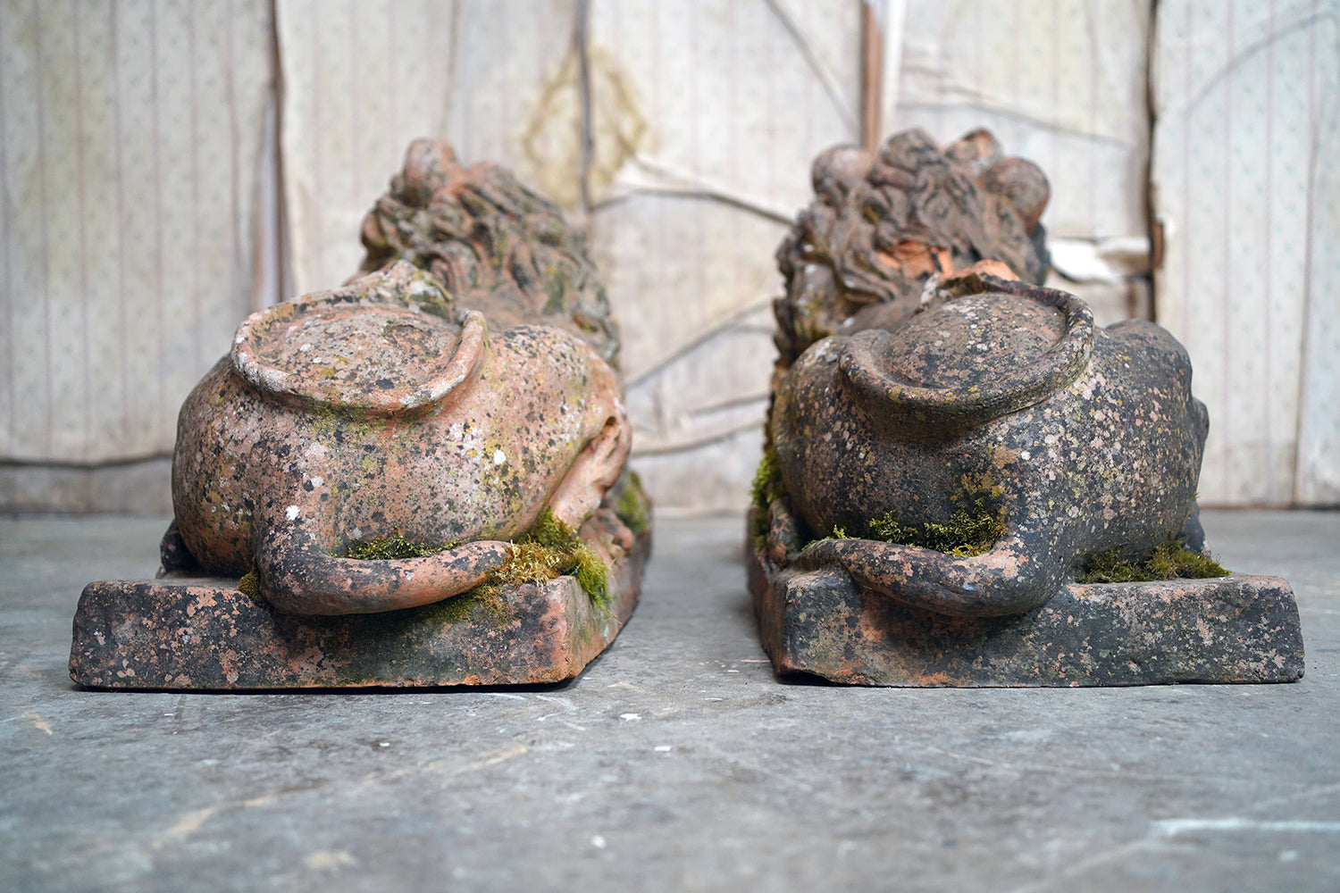 A Good Pair of Large Mid-19thC Terracotta Recumbent Lions c.1860