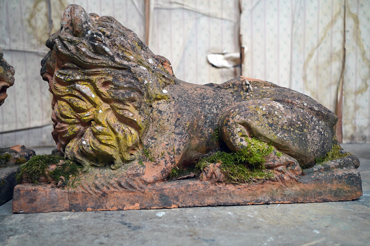 A Good Pair of Large Mid-19thC Terracotta Recumbent Lions c.1860