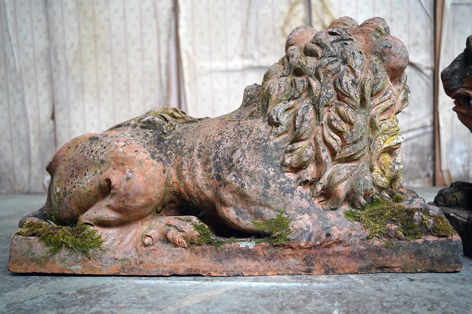 A Good Pair of Large Mid-19thC Terracotta Recumbent Lions c.1860