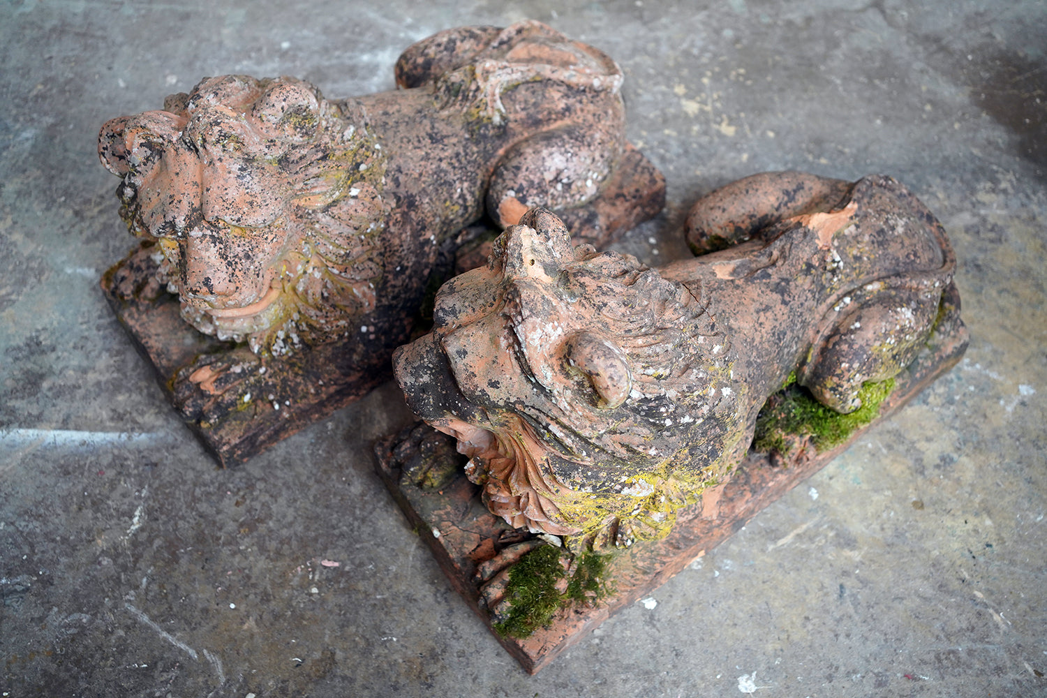 A Good Pair of Large Mid-19thC Terracotta Recumbent Lions c.1860