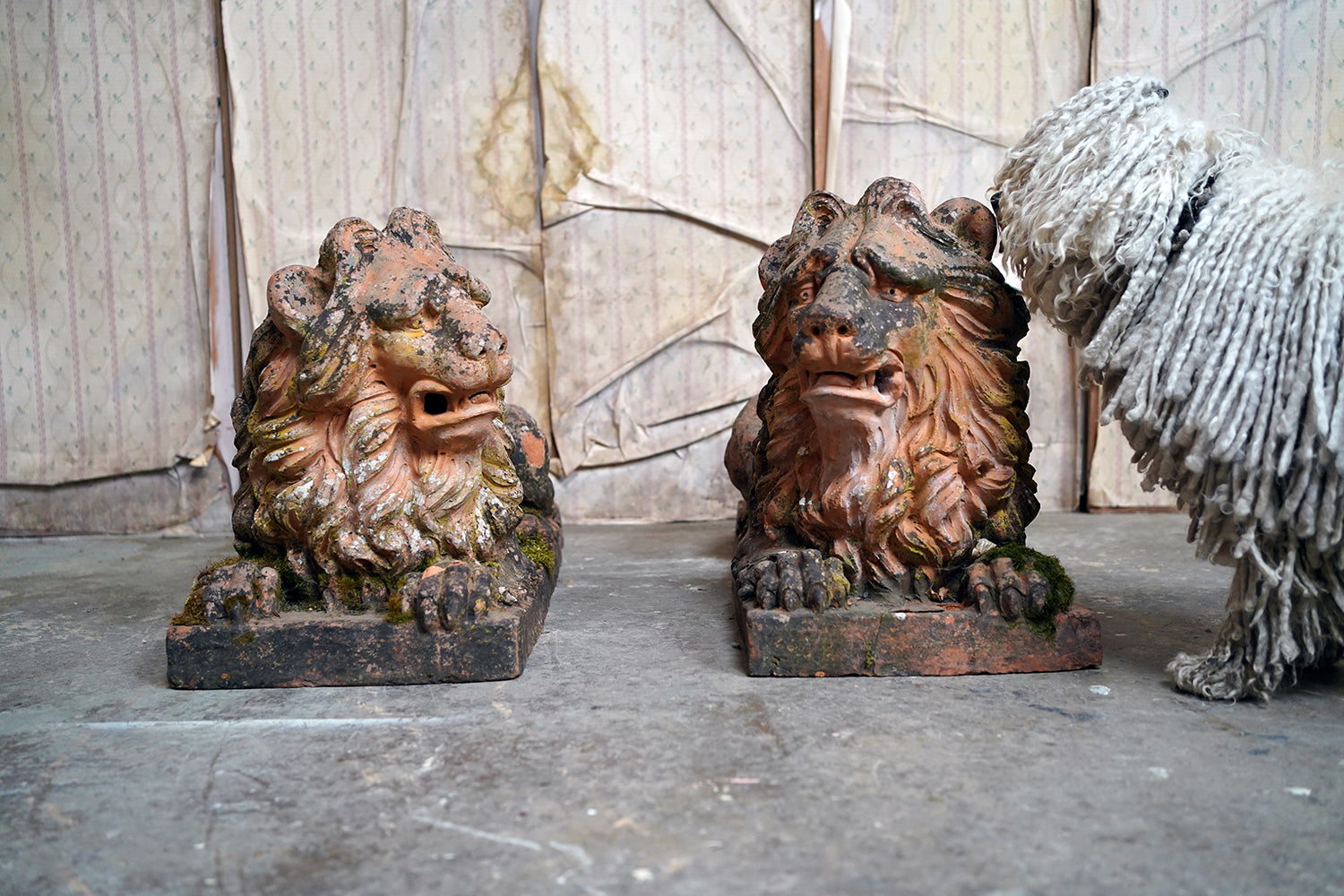 A Good Pair of Large Mid-19thC Terracotta Recumbent Lions c.1860
