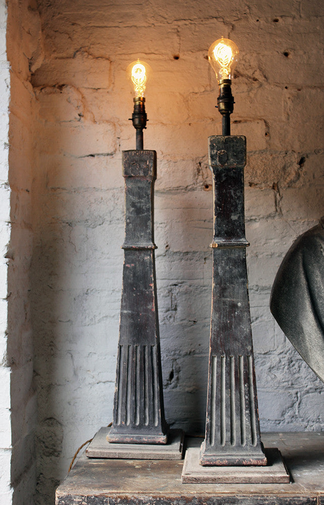 A Decorative Pair of Stained Pine Table Lamps c.1900