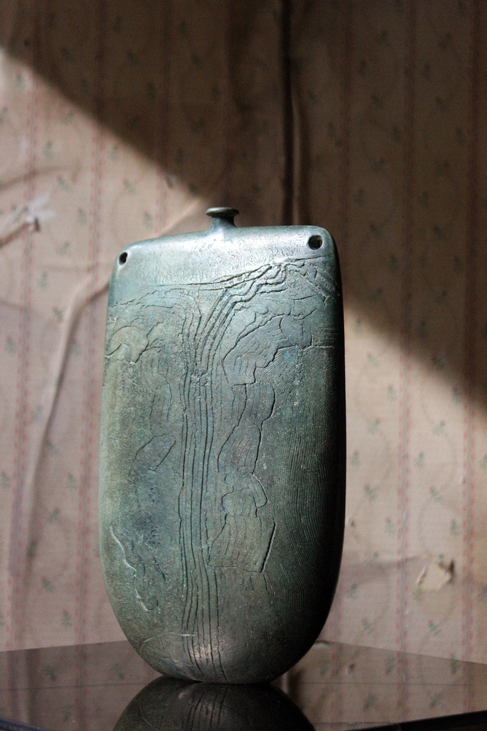A Burnished Jade Green Bottle Vase by Peter Hayes c.1984