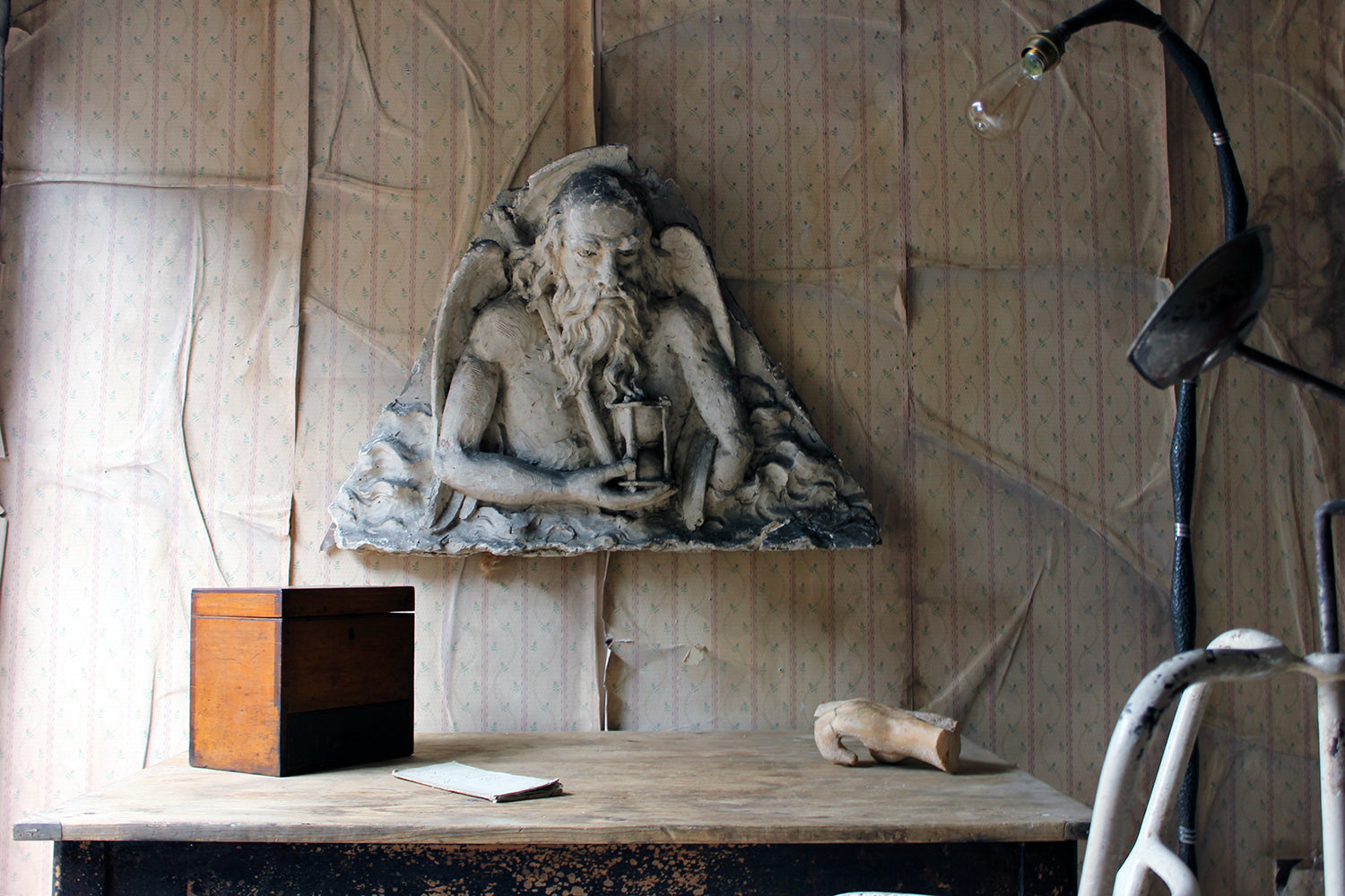 A 19thC French Monastery Sculpted High Relief Plaster Frieze Depicting Father Time c.1870