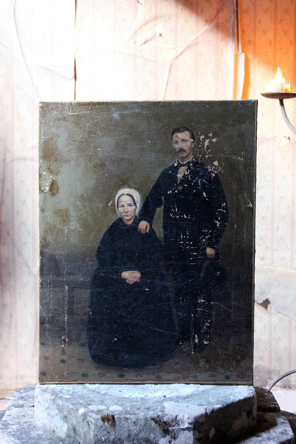 A 19thC English Provincial School Oil on Canvas Portrait of a Gentleman & His Wife