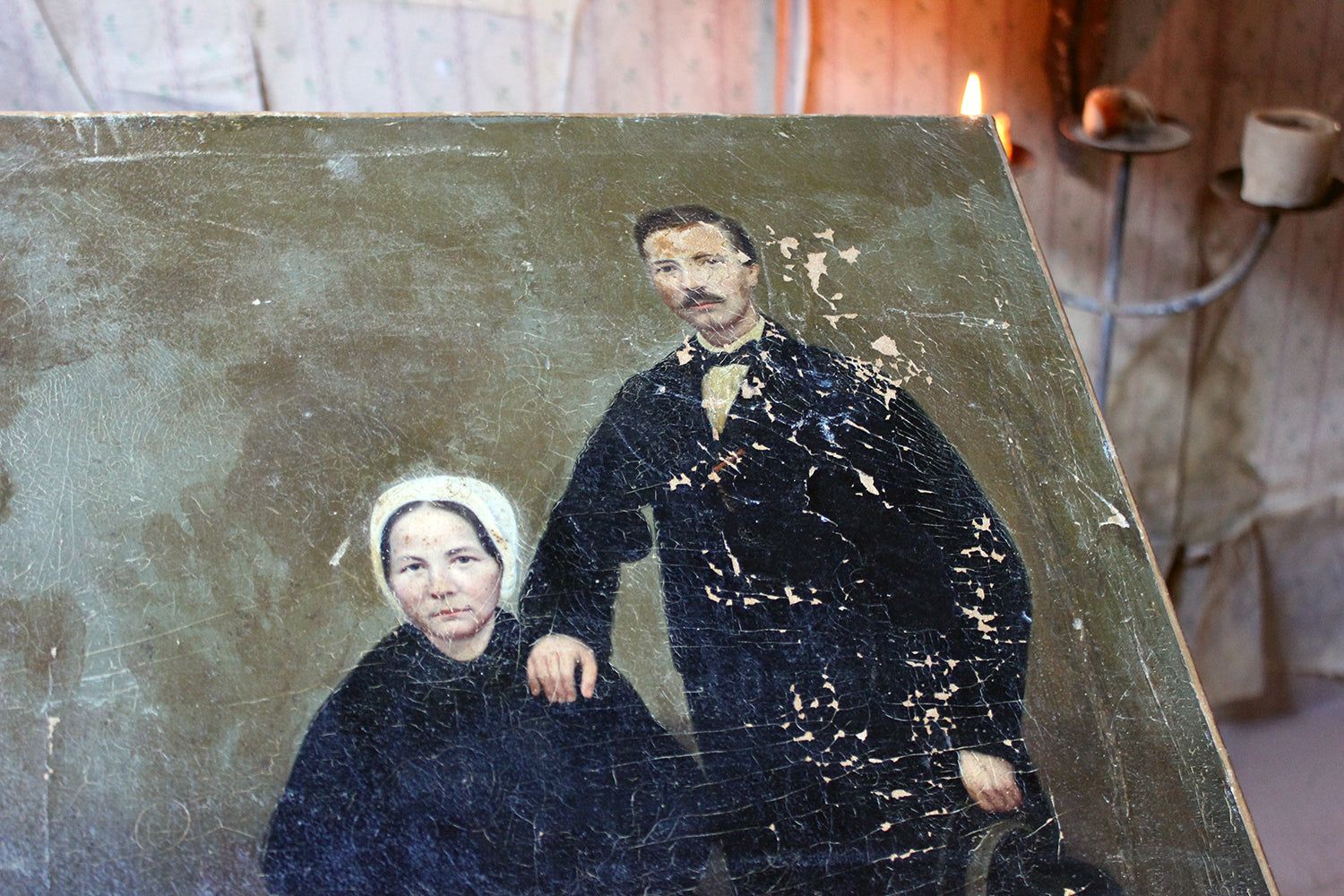 A 19thC English Provincial School Oil on Canvas Portrait of a Gentleman & His Wife