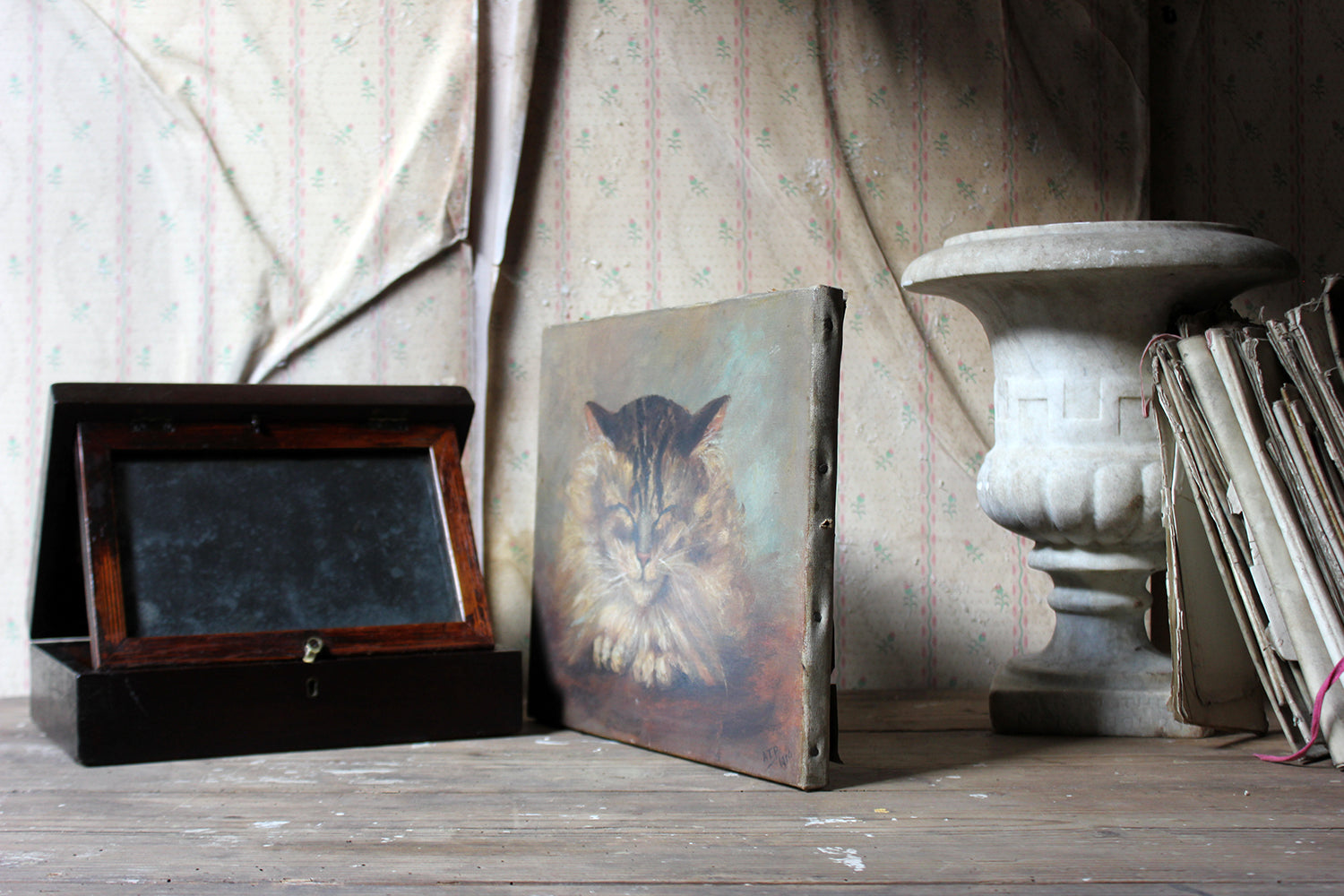 A Charming Early 20thC Oil on Canvas Portrait of a Maine Coon Tabby Cat Dated to 1916; From the Attics at Rokeby Park, County Durham