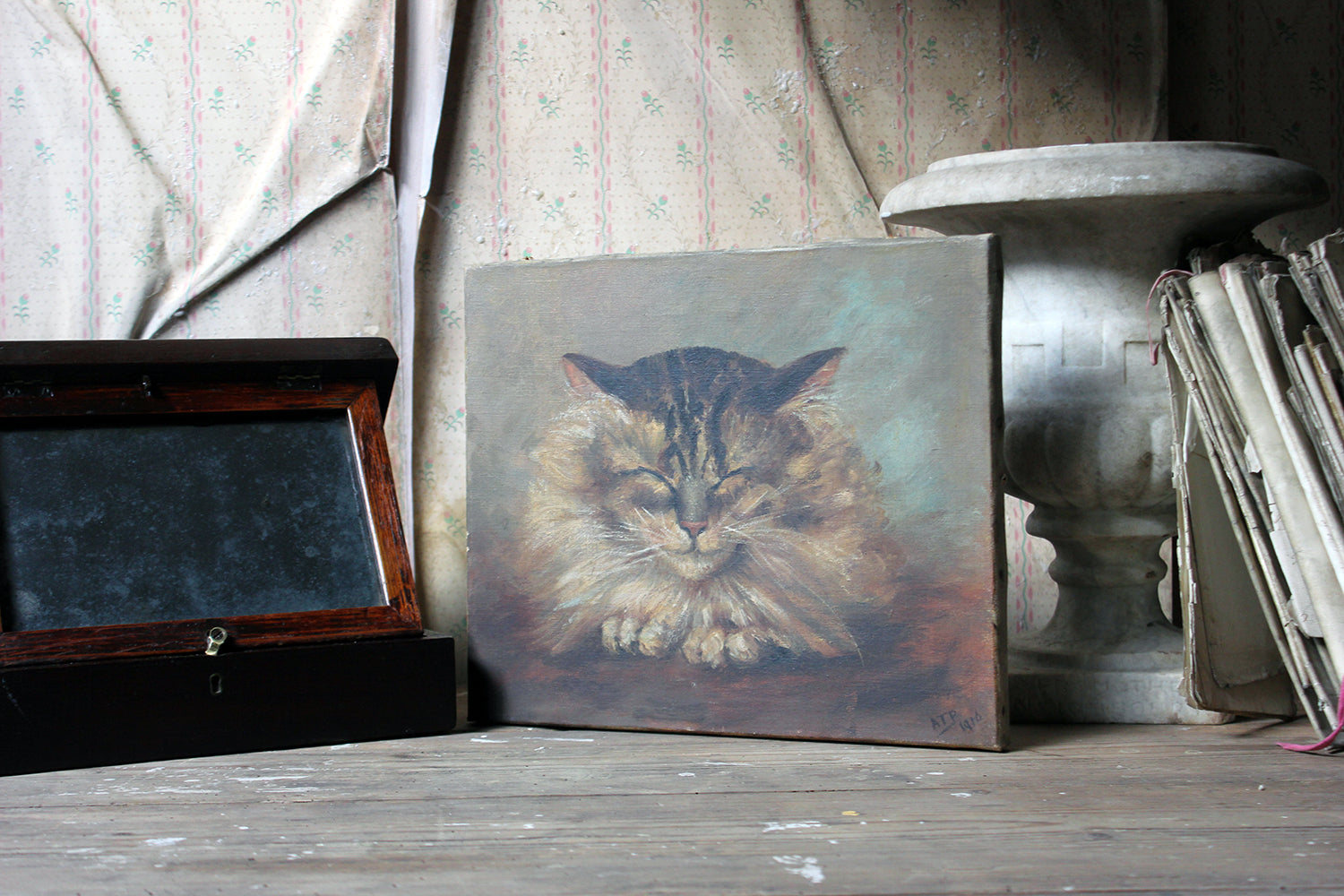 A Charming Early 20thC Oil on Canvas Portrait of a Maine Coon Tabby Cat Dated to 1916; From the Attics at Rokeby Park, County Durham