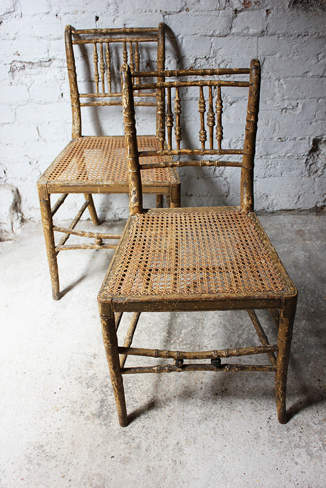 A Good Decorative Pair of c.1810 Regency Painted Simulated Bamboo Side Chairs