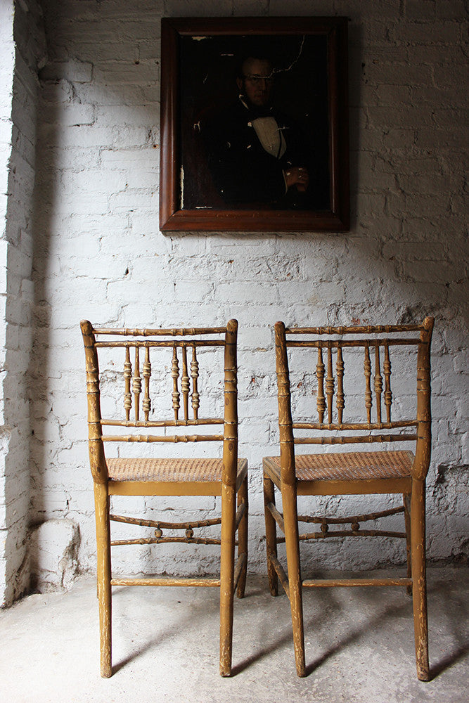 A Good Decorative Pair of c.1810 Regency Painted Simulated Bamboo Side Chairs