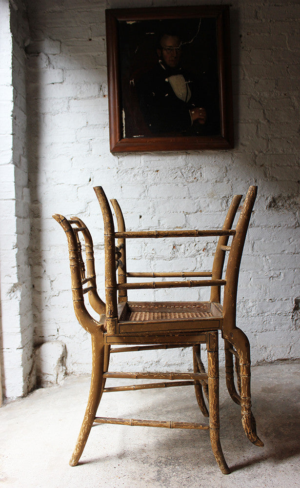 A Good Decorative Pair of c.1810 Regency Painted Simulated Bamboo Side Chairs
