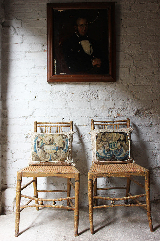 A Good Decorative Pair of c.1810 Regency Painted Simulated Bamboo Side Chairs
