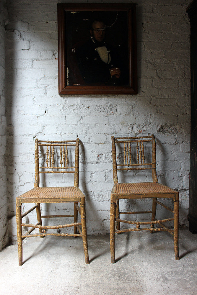 A Good Decorative Pair of c.1810 Regency Painted Simulated Bamboo Side Chairs