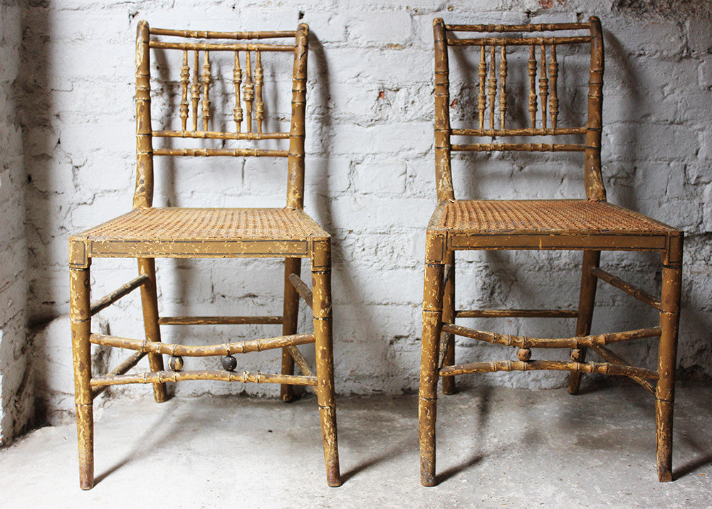 A Good Decorative Pair of c.1810 Regency Painted Simulated Bamboo Side Chairs