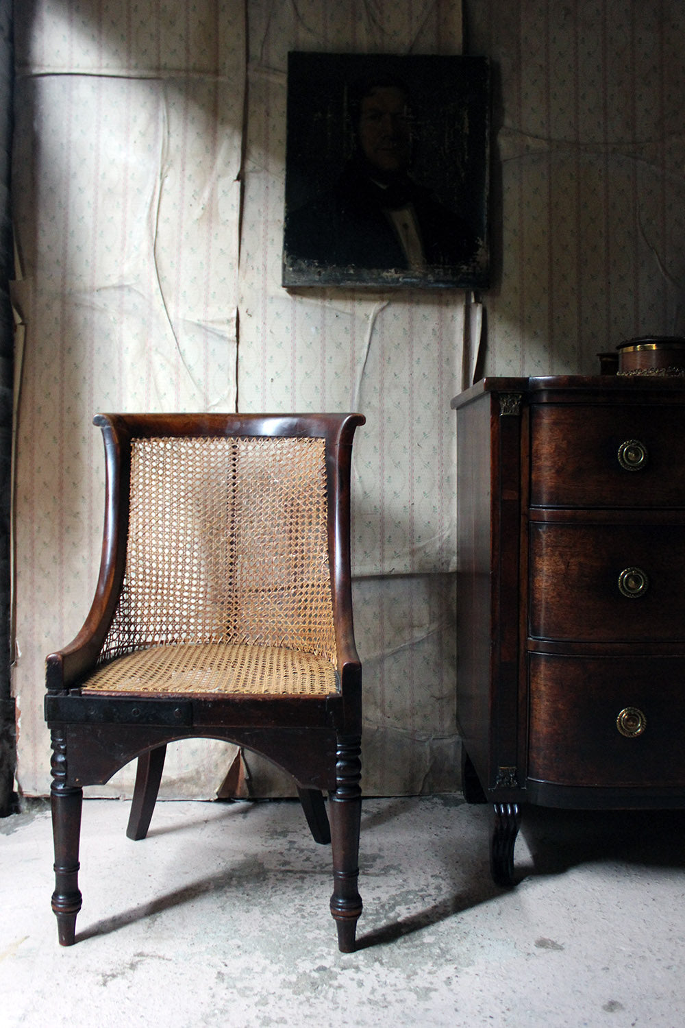 A Blacksmith Repaired Regency Mahogany Library Bergere Chair c.1815