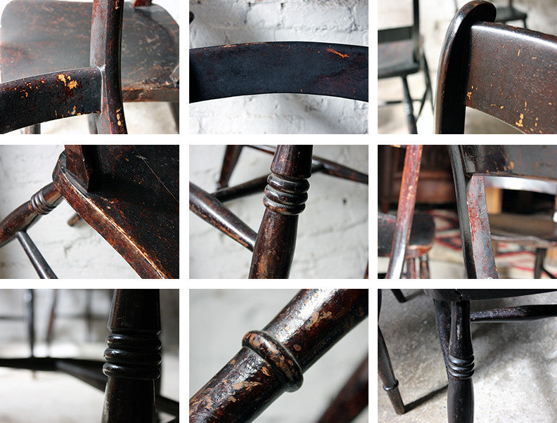 A Good Decorative Set of Six c.1860s Scottish Stained Provincial Elm & Beech Oxford-Back Chapel Chairs