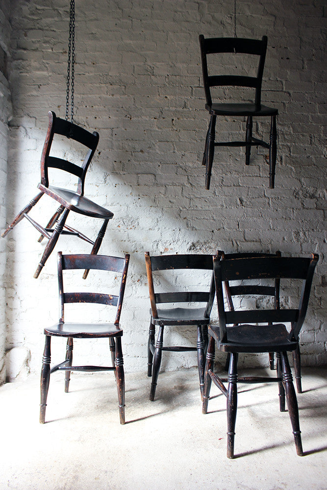A Good Decorative Set of Six c.1860s Scottish Stained Provincial Elm & Beech Oxford-Back Chapel Chairs