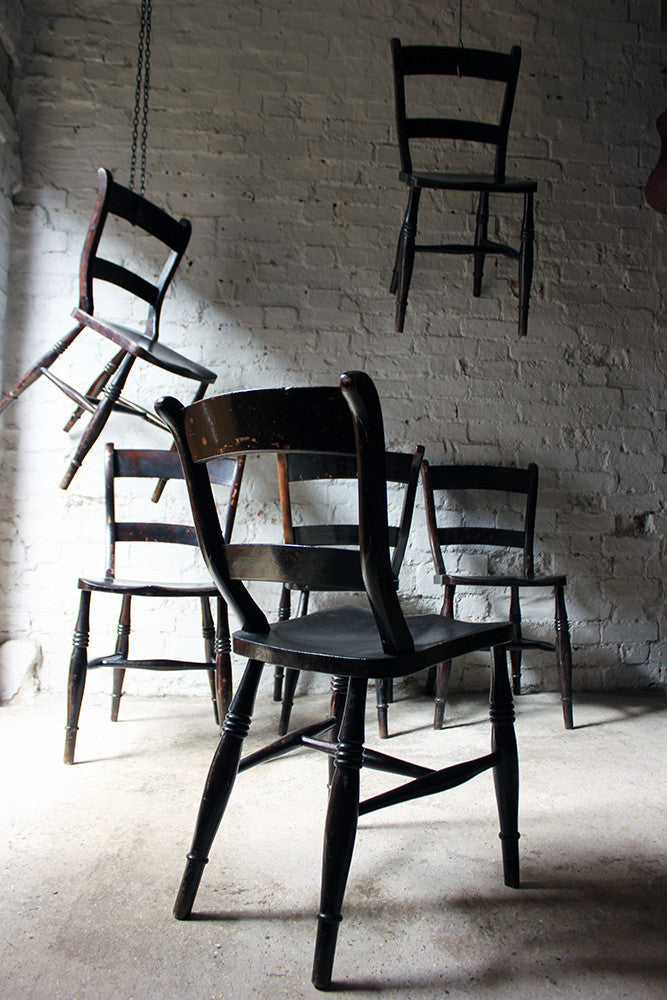 A Good Decorative Set of Six c.1860s Scottish Stained Provincial Elm & Beech Oxford-Back Chapel Chairs