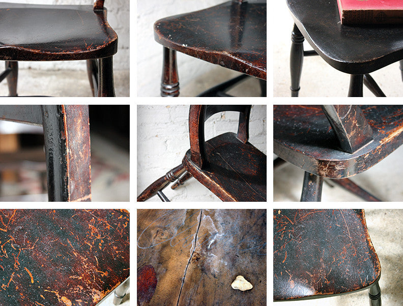 A Good Decorative Set of Six c.1860s Scottish Stained Provincial Elm & Beech Oxford-Back Chapel Chairs