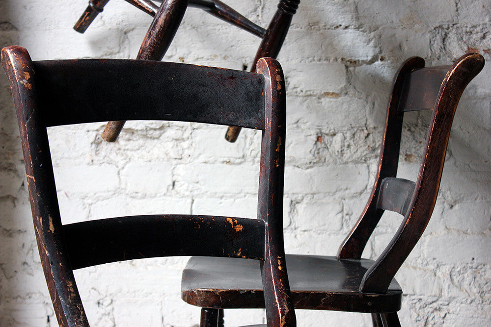 A Good Decorative Set of Six c.1860s Scottish Stained Provincial Elm & Beech Oxford-Back Chapel Chairs