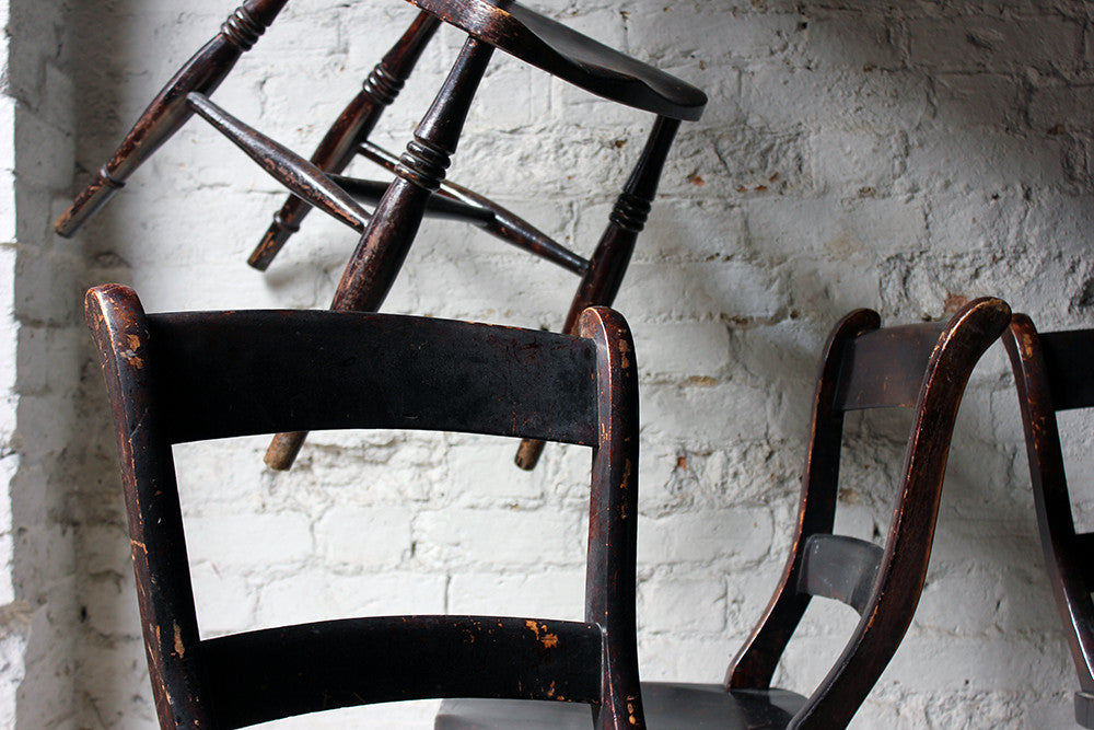 A Good Decorative Set of Six c.1860s Scottish Stained Provincial Elm & Beech Oxford-Back Chapel Chairs