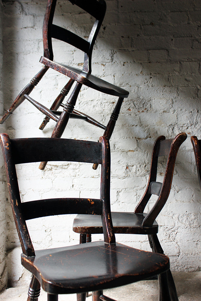 A Good Decorative Set of Six c.1860s Scottish Stained Provincial Elm & Beech Oxford-Back Chapel Chairs