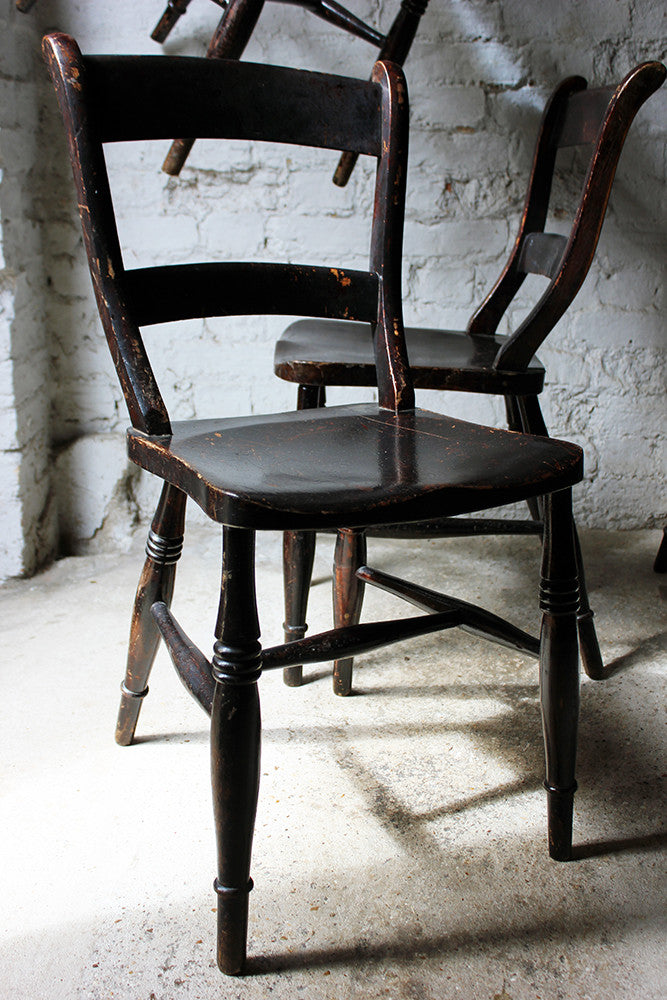 A Good Decorative Set of Six c.1860s Scottish Stained Provincial Elm & Beech Oxford-Back Chapel Chairs