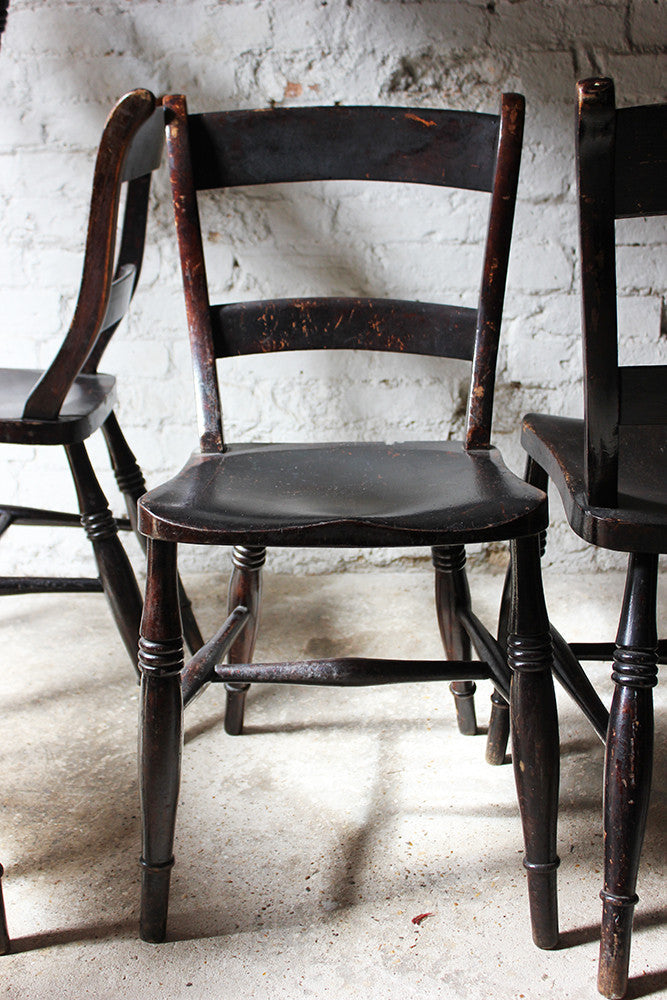 A Good Decorative Set of Six c.1860s Scottish Stained Provincial Elm & Beech Oxford-Back Chapel Chairs