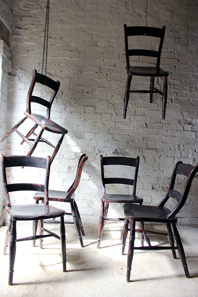 A Good Decorative Set of Six c.1860s Scottish Stained Provincial Elm & Beech Oxford-Back Chapel Chairs