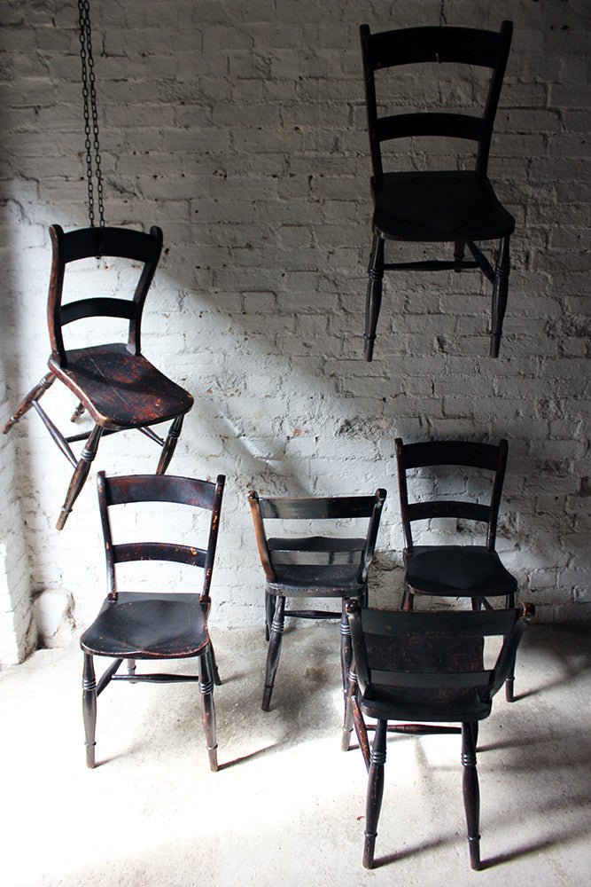 A Good Decorative Set of Six c.1860s Scottish Stained Provincial Elm & Beech Oxford-Back Chapel Chairs