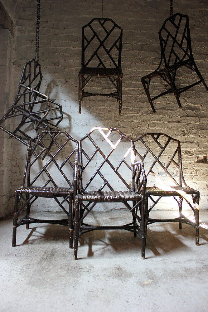 A Fine Set of Six Cane Chinese Chippendale Cockpen Edwardian Conservatory Chairs by Dryad c.1915