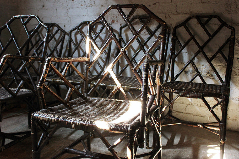 A Fine Set of Six Cane Chinese Chippendale Cockpen Edwardian Conservatory Chairs by Dryad c.1915