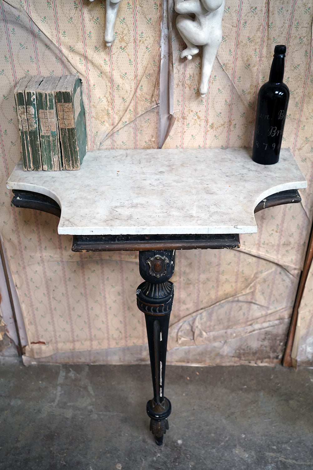 A 19thC Marble Topped Ebonised & Parcel Gilt Console Table c.1870