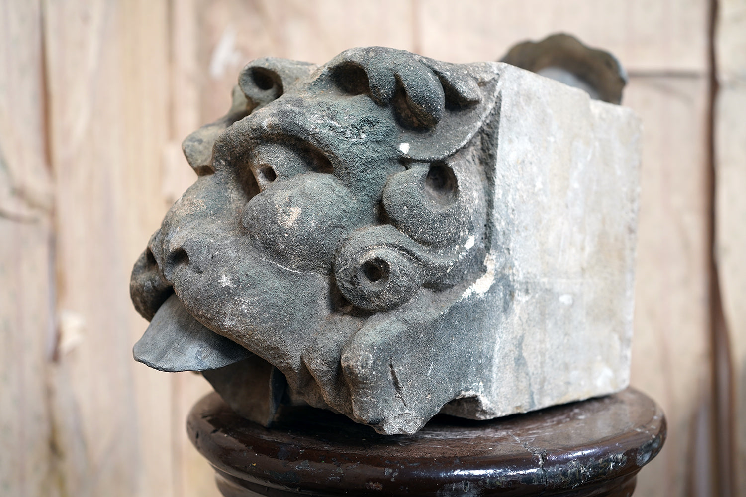A 17thC Carved Limestone Rain Head Waterspout Gargoyle c.1600-50