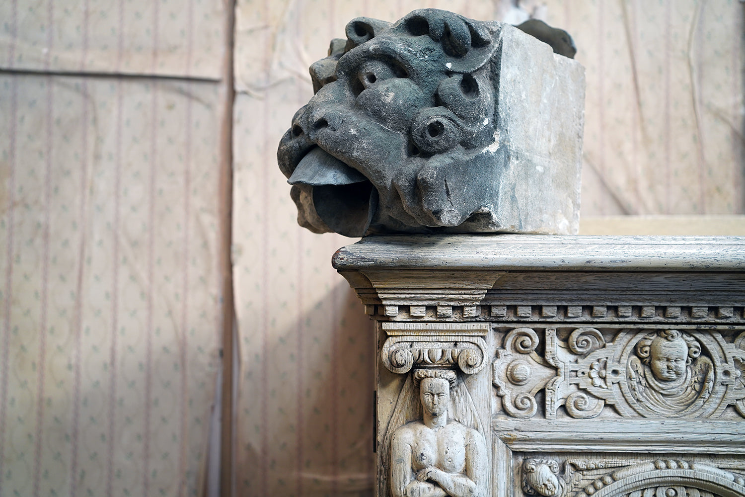 A 17thC Carved Limestone Rain Head Waterspout Gargoyle c.1600-50
