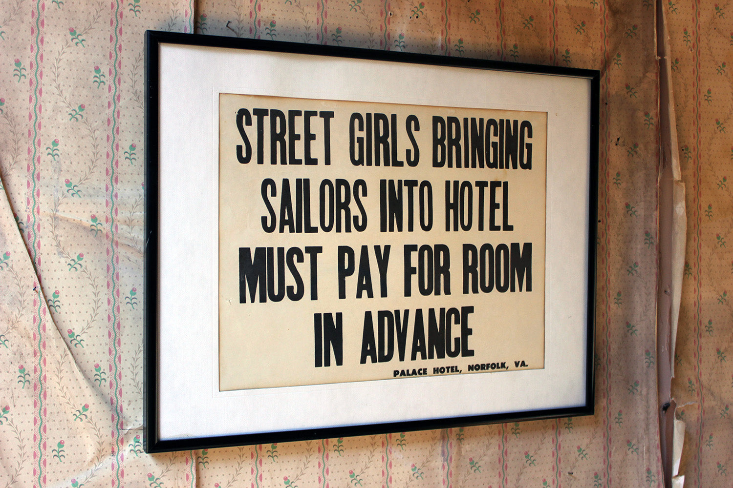 A Framed Printed Notice for The Palace Hotel, Virginia USA; Street Girls & Sailors c.1935-45