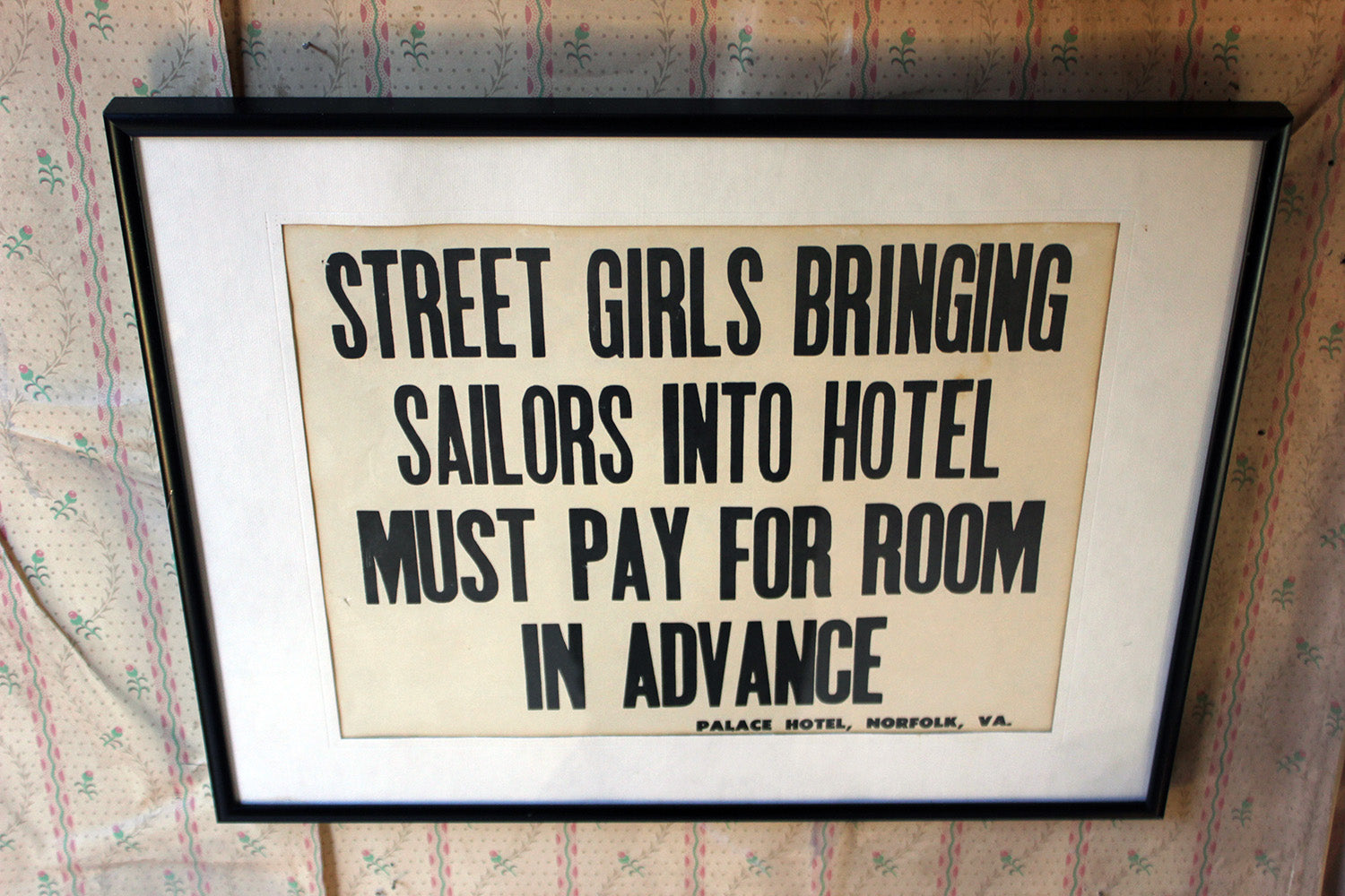A Framed Printed Notice for The Palace Hotel, Virginia USA; Street Girls & Sailors c.1935-45