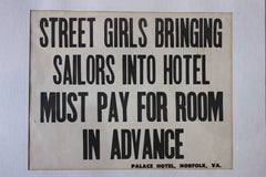 A Framed Printed Notice for The Palace Hotel, Virginia USA; Street Girls & Sailors c.1935-45