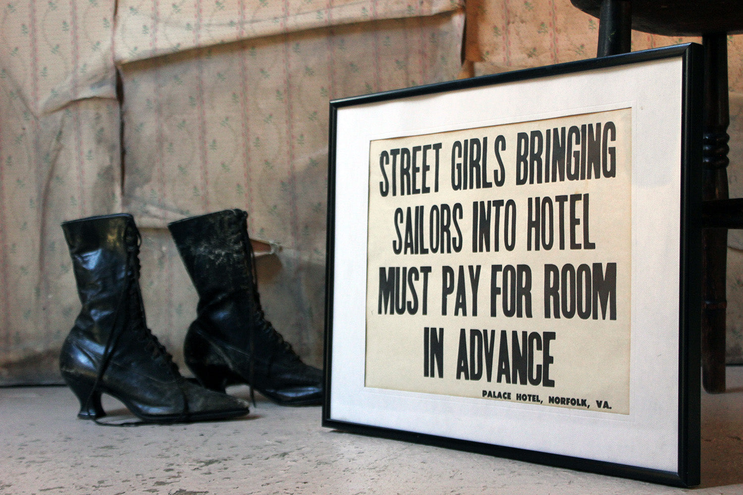 A Framed Printed Notice for The Palace Hotel, Virginia USA; Street Girls & Sailors c.1935-45