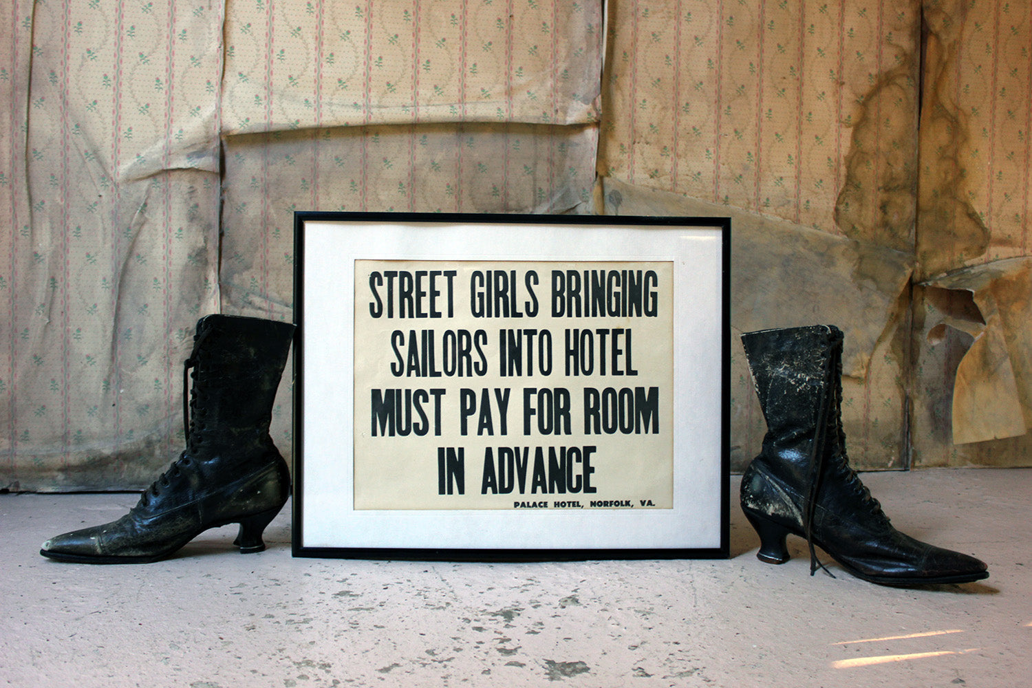 A Framed Printed Notice for The Palace Hotel, Virginia USA; Street Girls & Sailors c.1935-45
