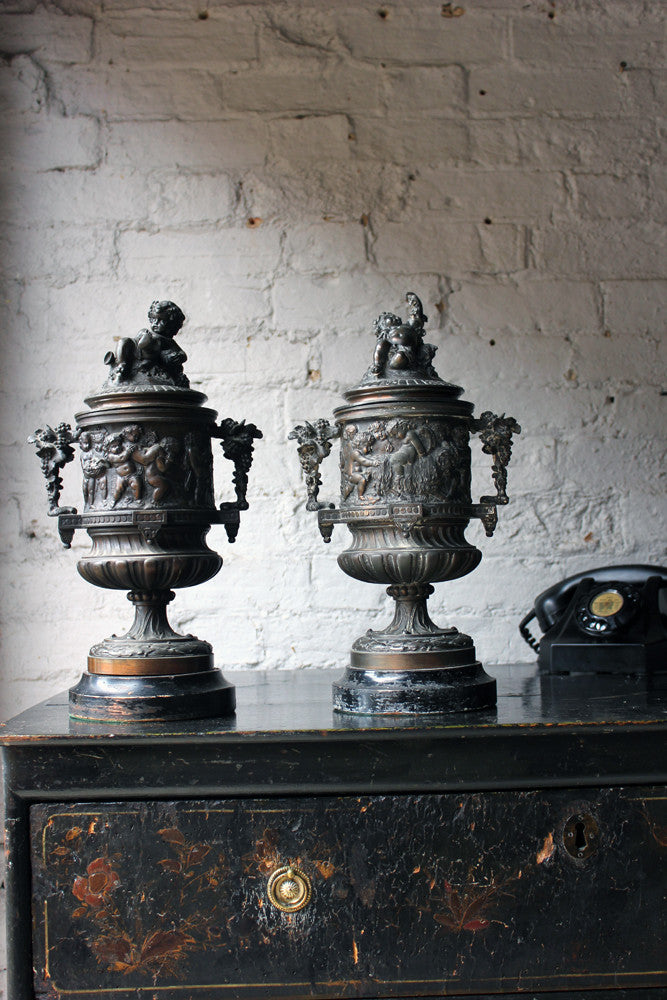 A Good Pair of Napoleon III Bronze Urns with Covers After Claude Michel Clodion c.1870
