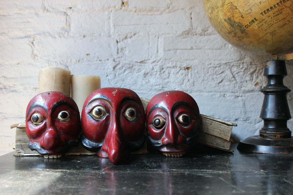 A Decorative Set of Three Early 20thC Indonesian Carved & Painted Hardwood Topeng Theatre Masks